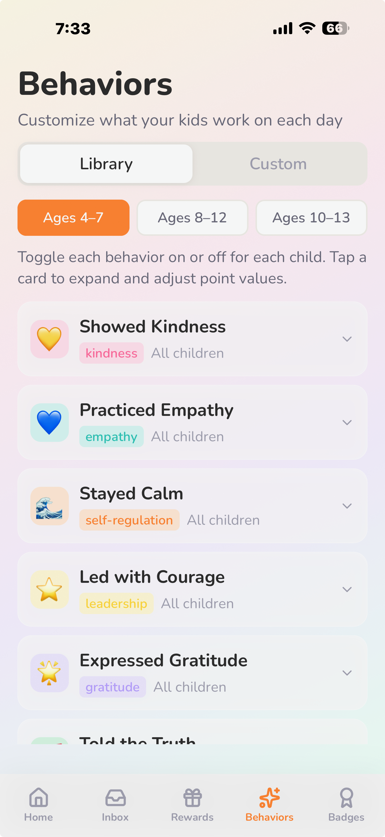 KindCoin behaviors screen showing Showed Kindness, Practiced Empathy and more