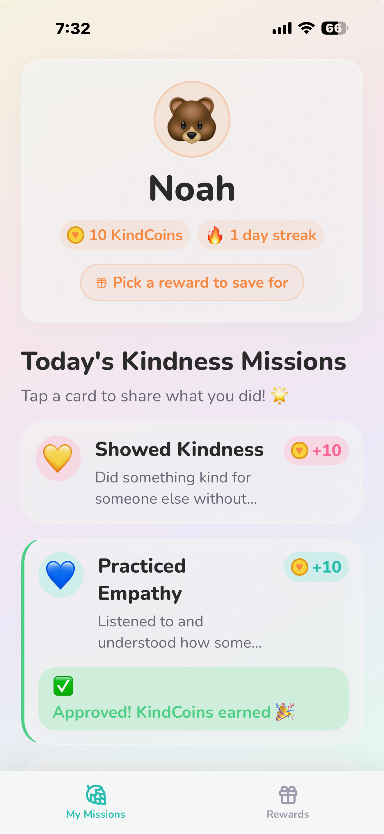 Kid home screen showing Approved! KindCoins earned