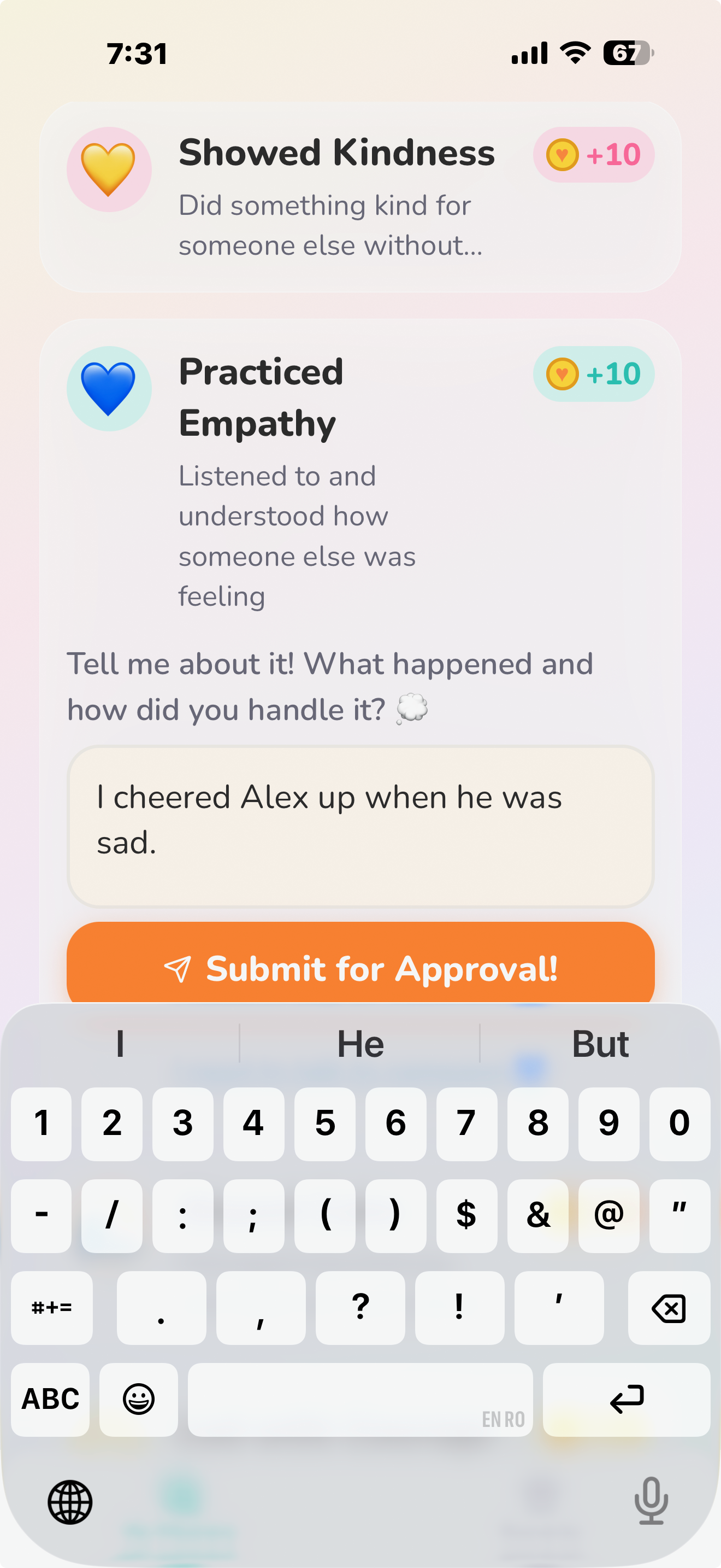 KindCoin reflection screen where a child writes about what they did
