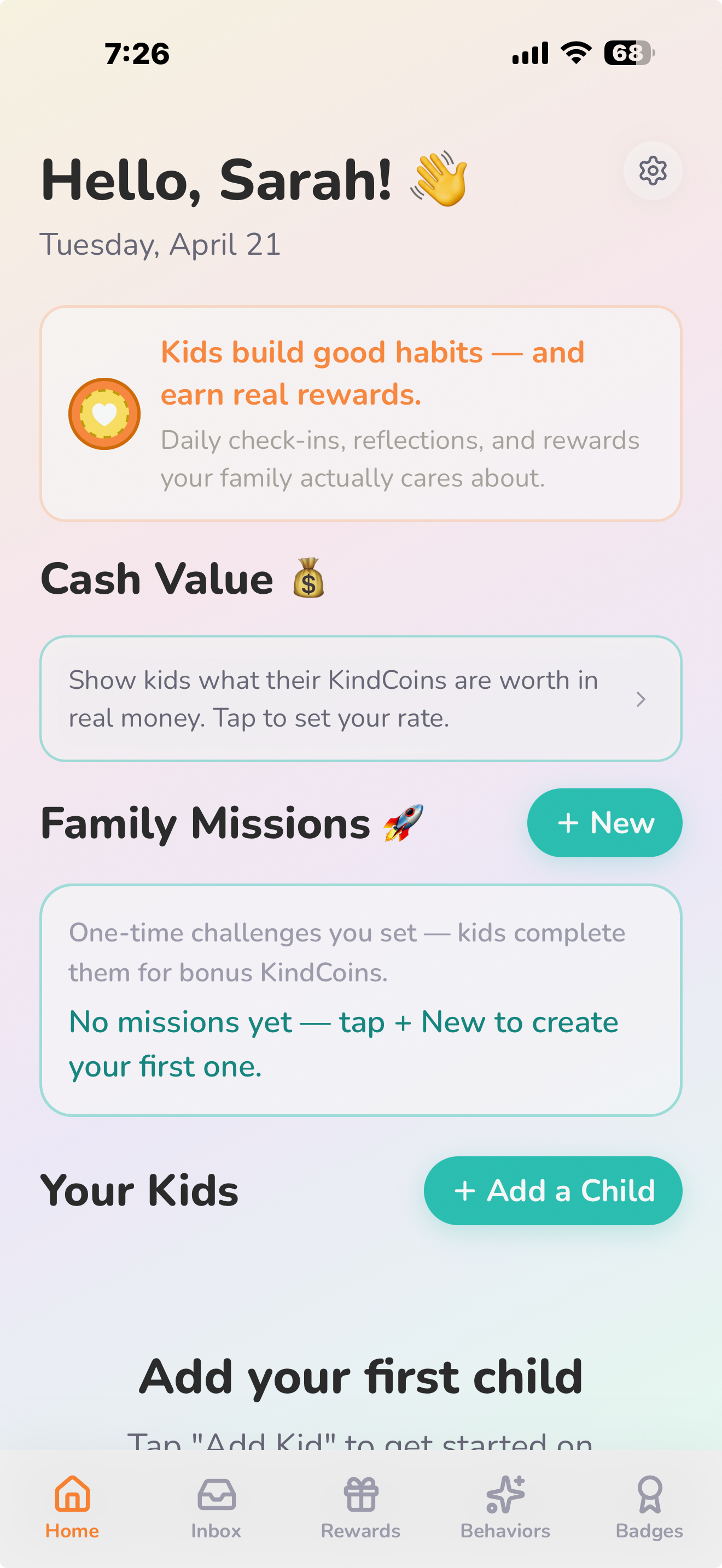 KindCoin parent home screen showing family dashboard