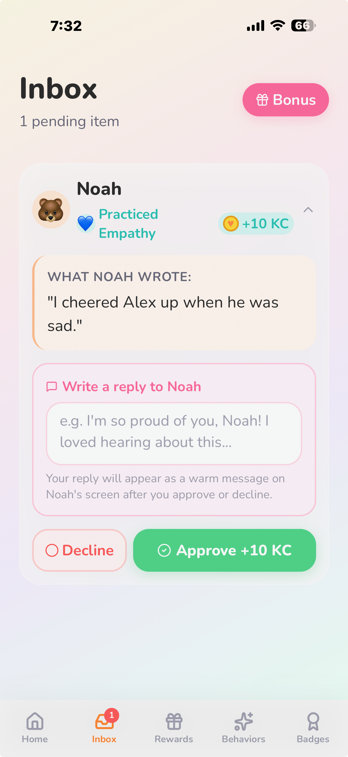 Parent inbox showing child's reflection and approve button