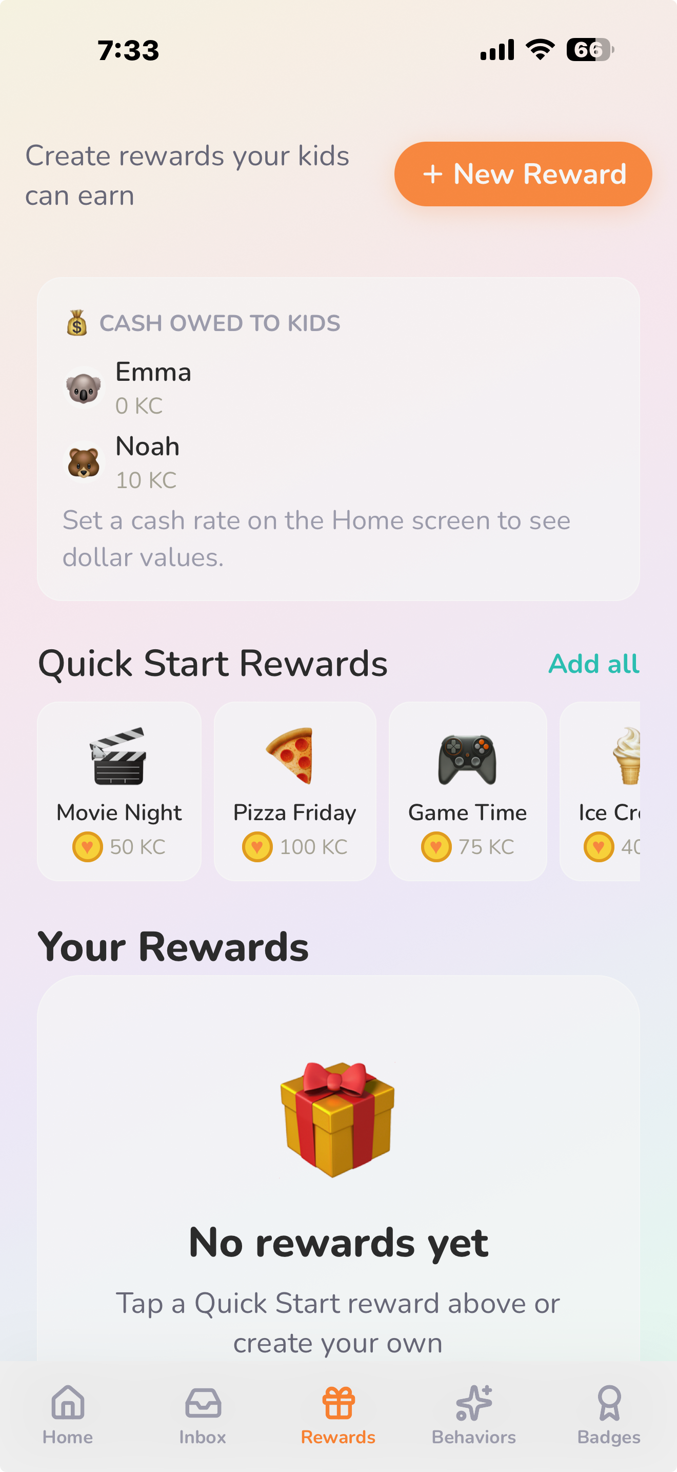 KindCoin rewards screen showing Movie Night, Pizza Friday, Game Time and more