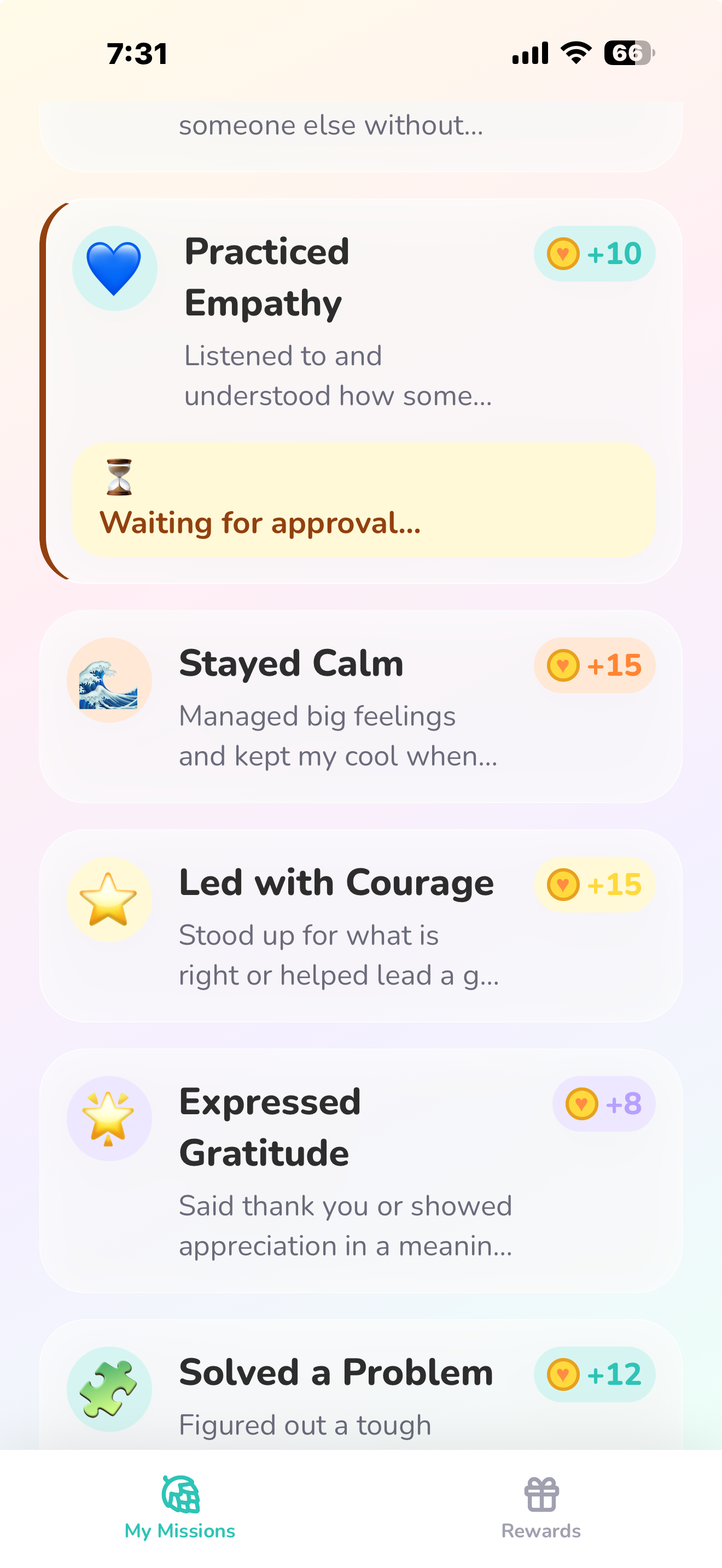 KindCoin screen showing check-in waiting for parent approval
