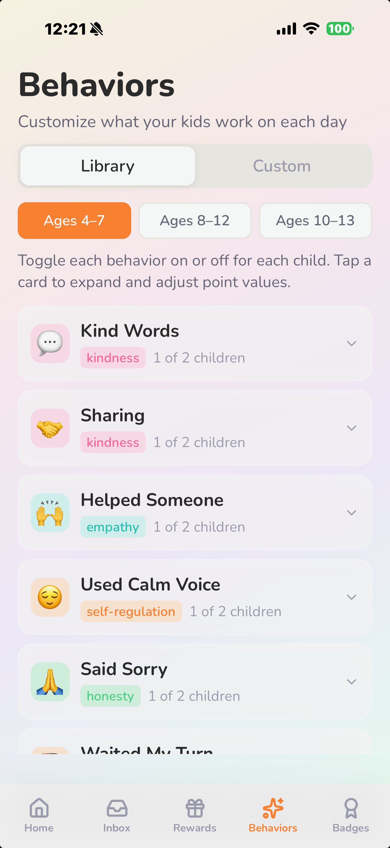 KindCoin behavior library showing kindness missions parents can assign to kids