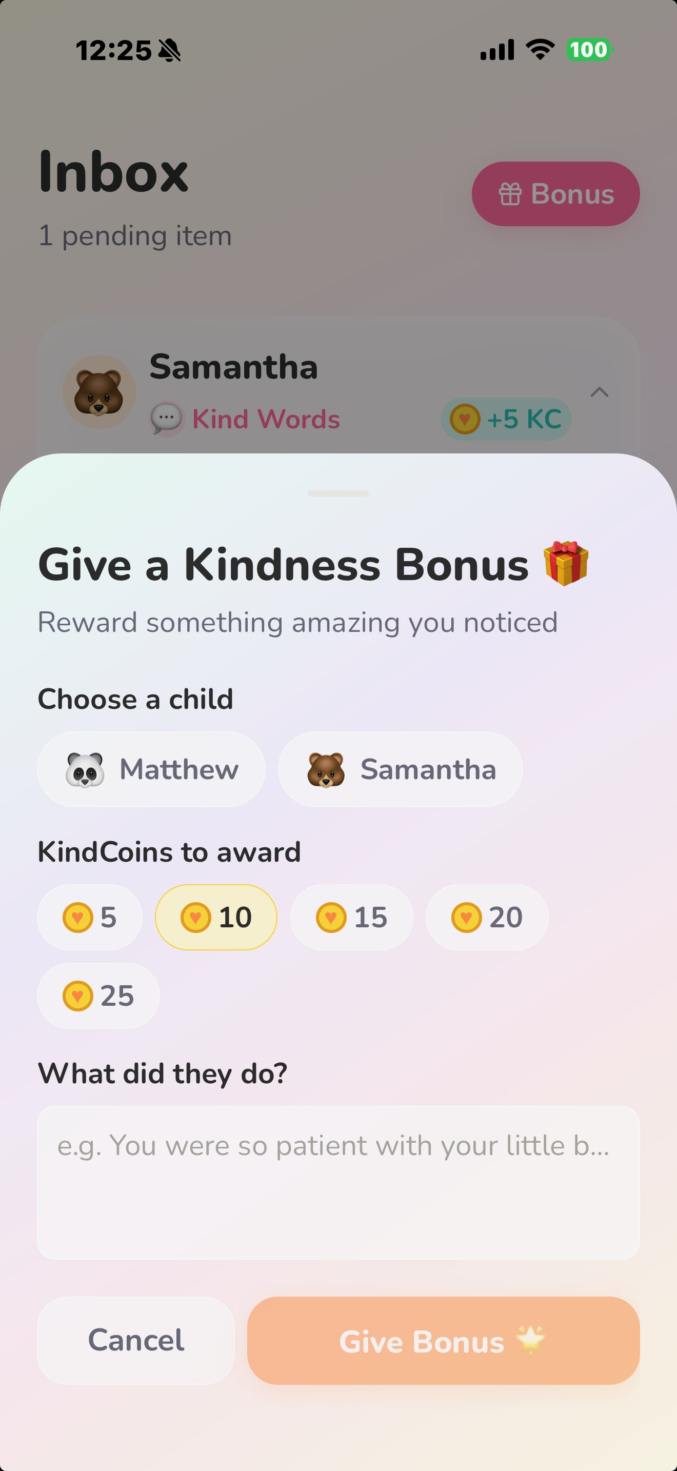 KindCoin Kindness Bonus modal showing a parent rewarding Matthew or Samantha for something amazing they noticed