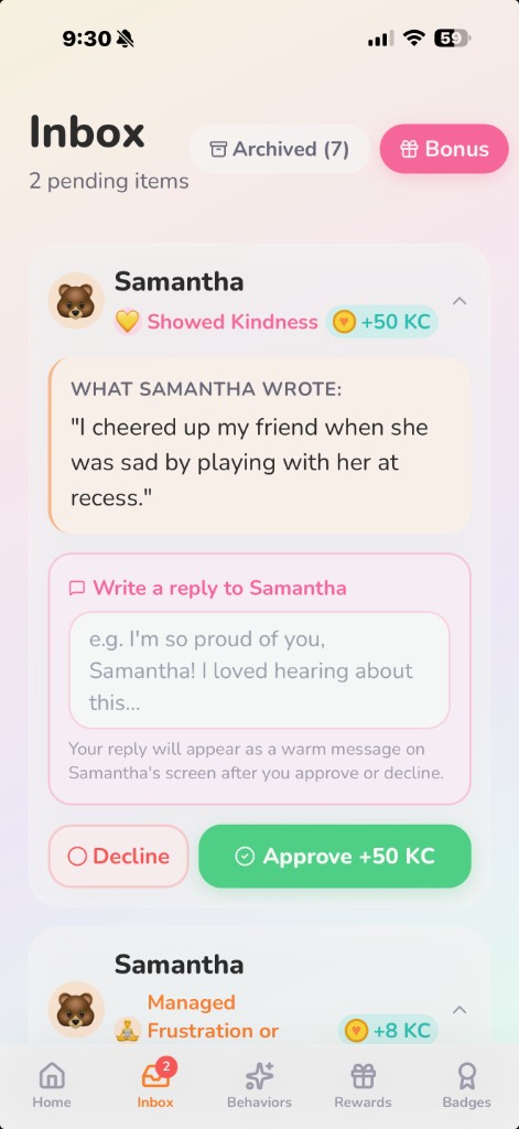 A parent reading the child's reflection and writing a reply