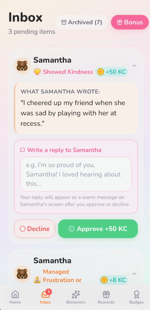 Parent inbox showing Samantha's reflection about cheering up a friend at recess, with a reply field below