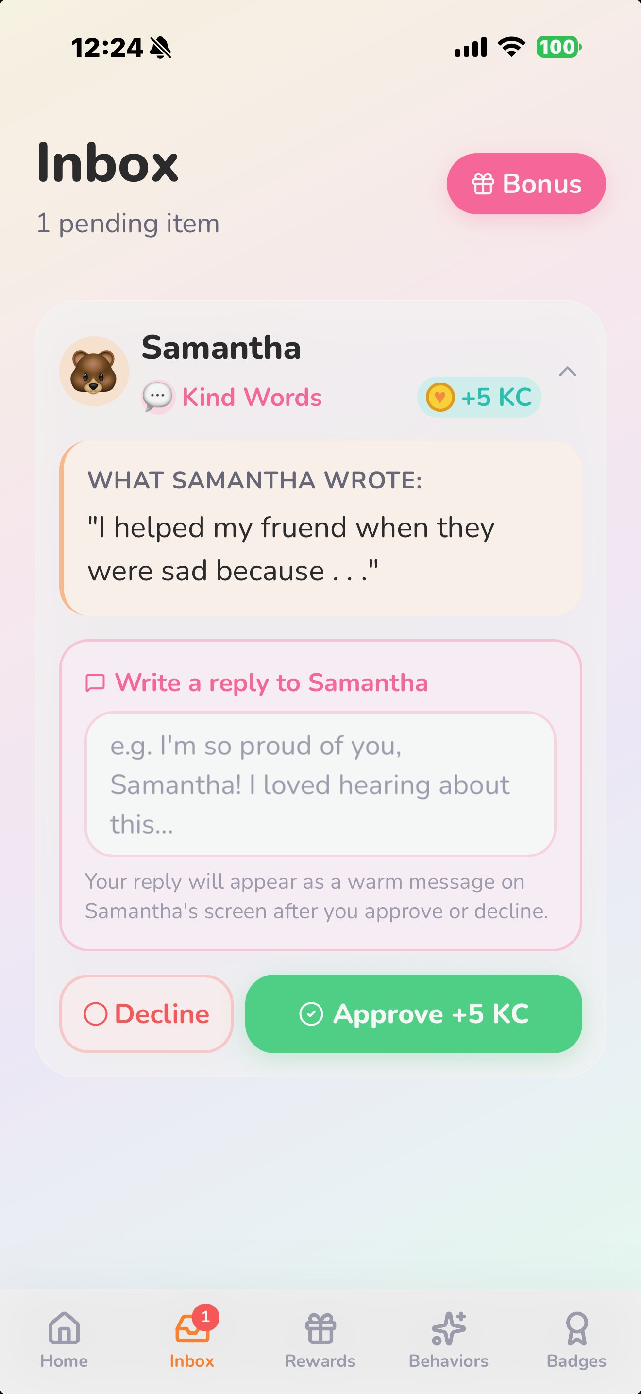 Parent inbox showing Samantha reflection I helped my friend and a reply field