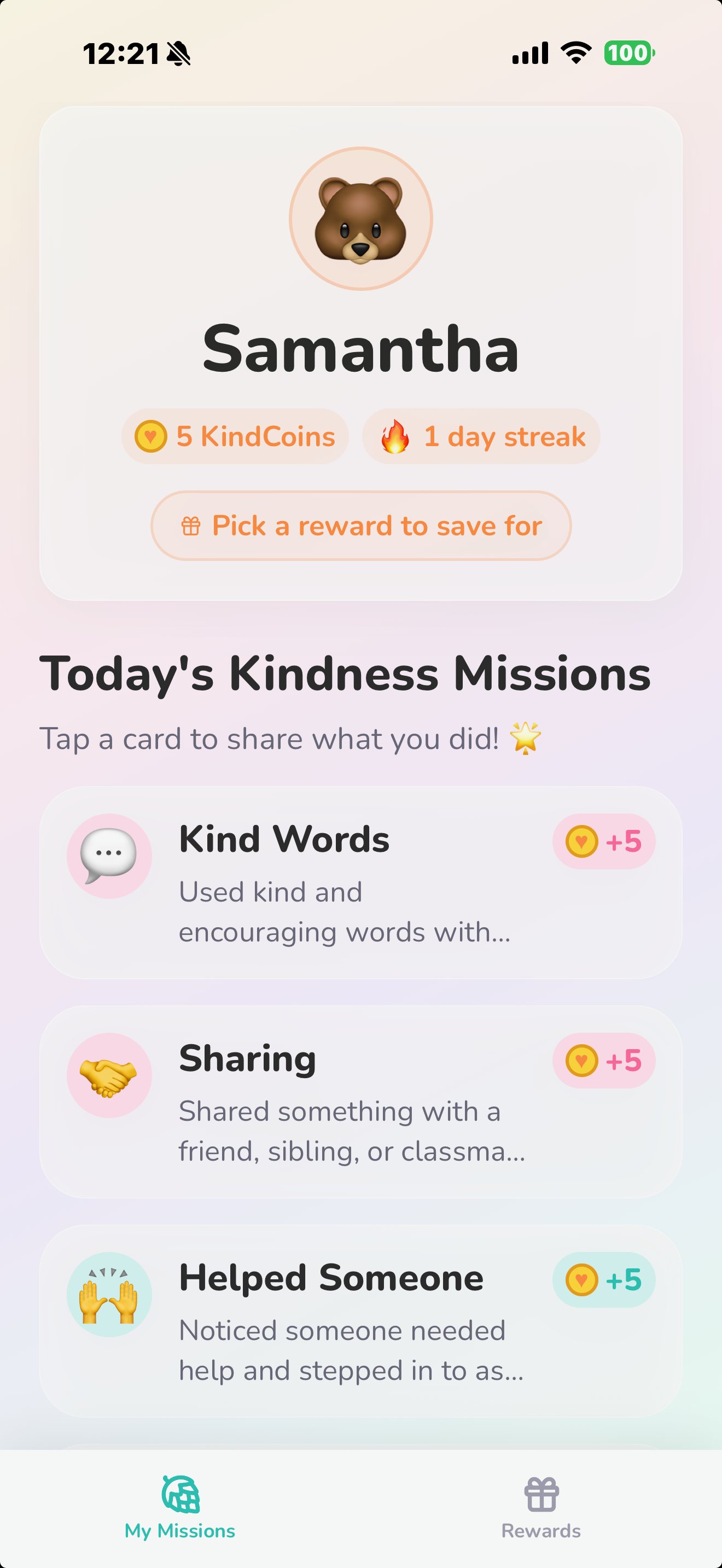 Samantha's KindCoin home screen showing her kindness missions for today
