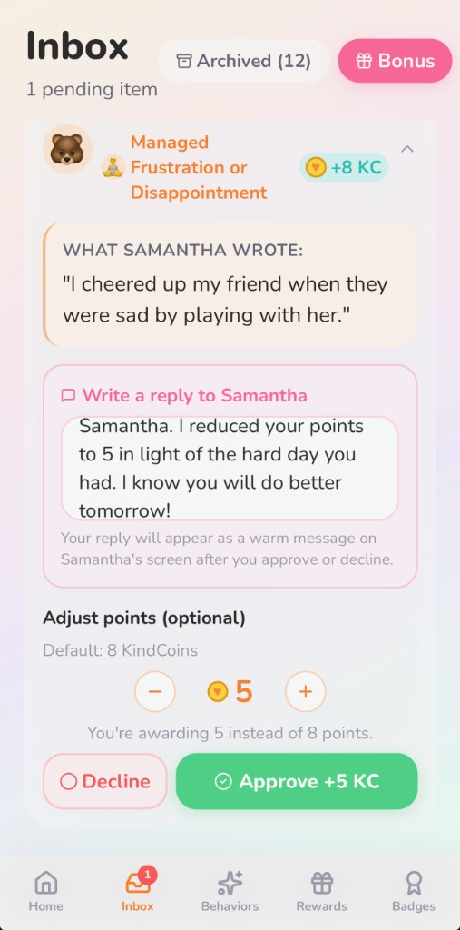 Parent inbox showing Samantha's check-in with the point adjustment stepper set to 5 of 8, and a warm parent reply