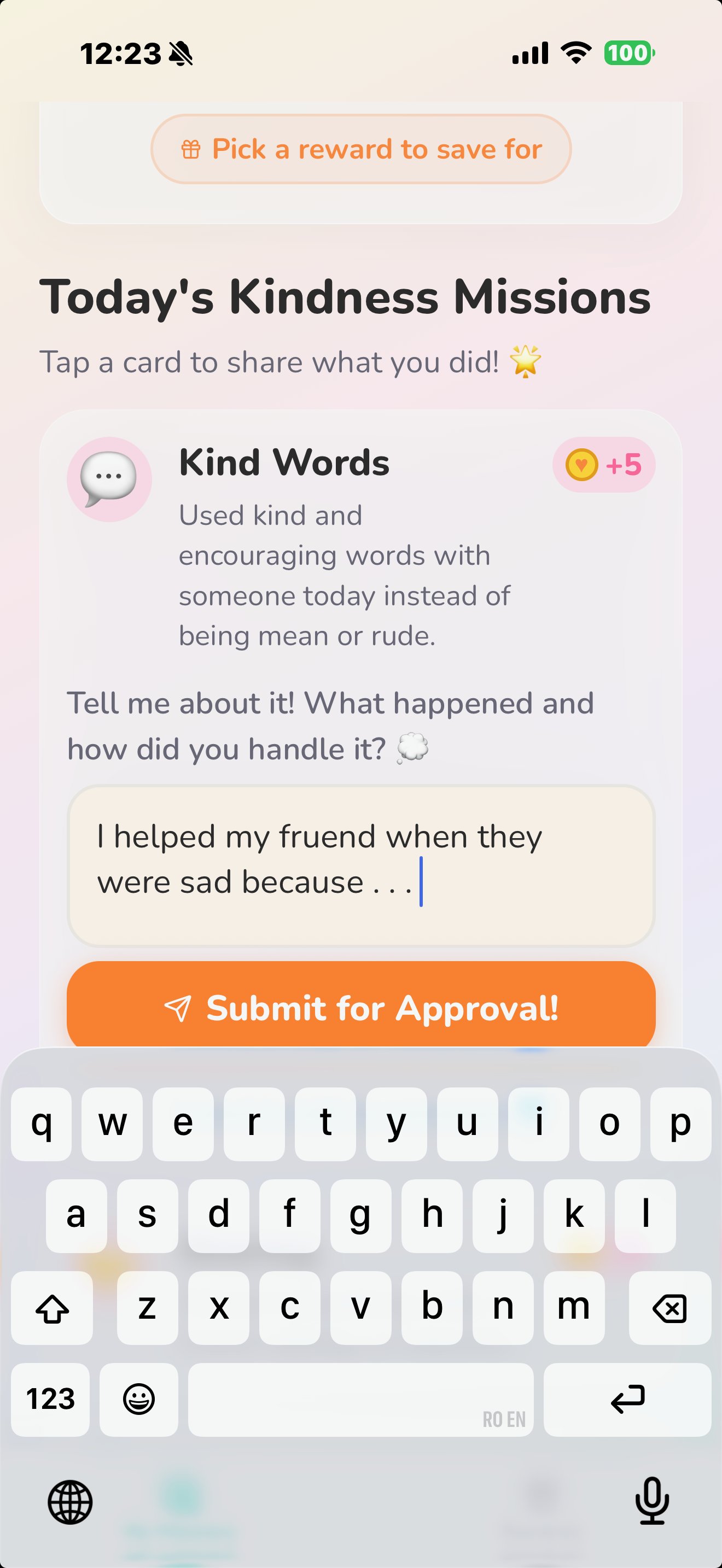 KindCoin reflection screen where a child writes about what they did and how they handled it