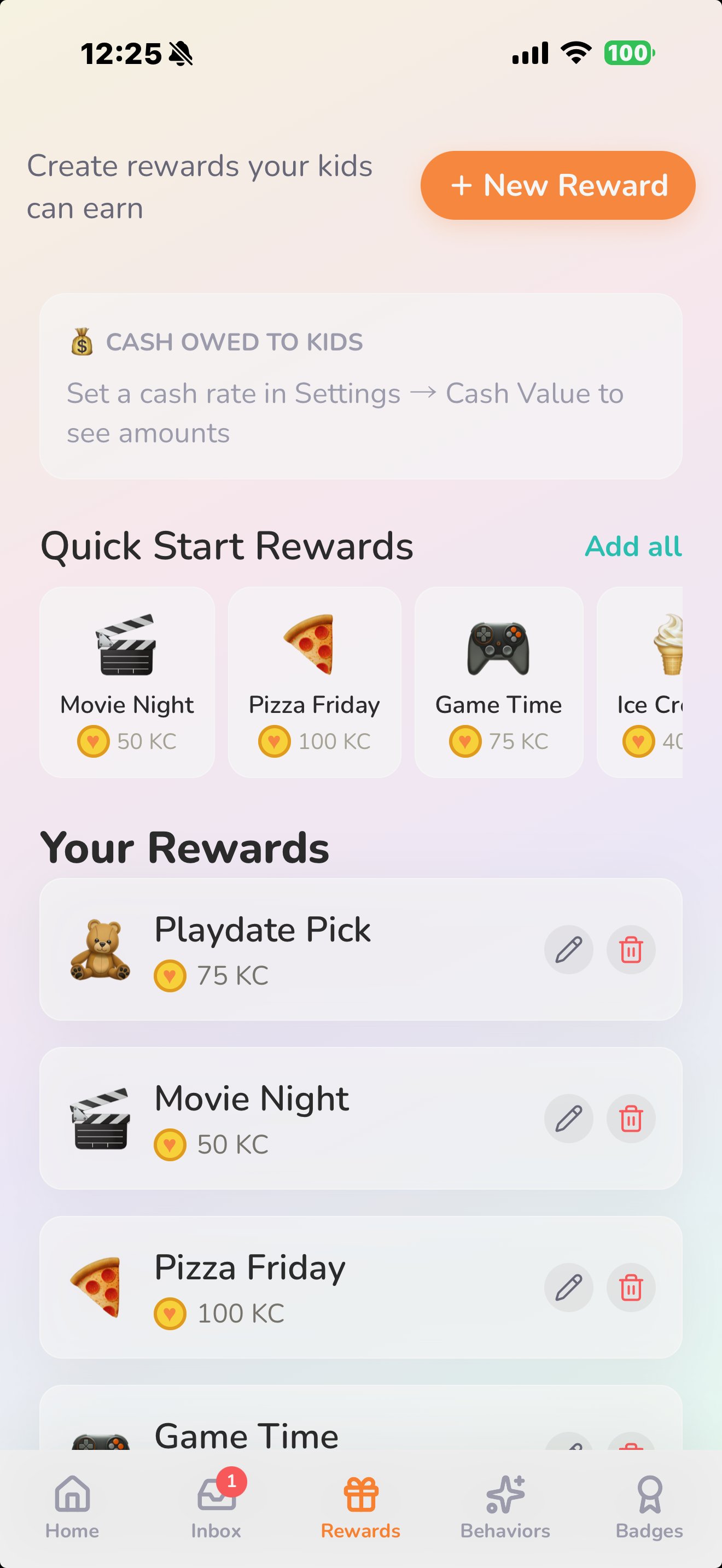 KindCoin rewards screen showing Playdate Pick, Movie Night, Pizza Friday and Game Time rewards